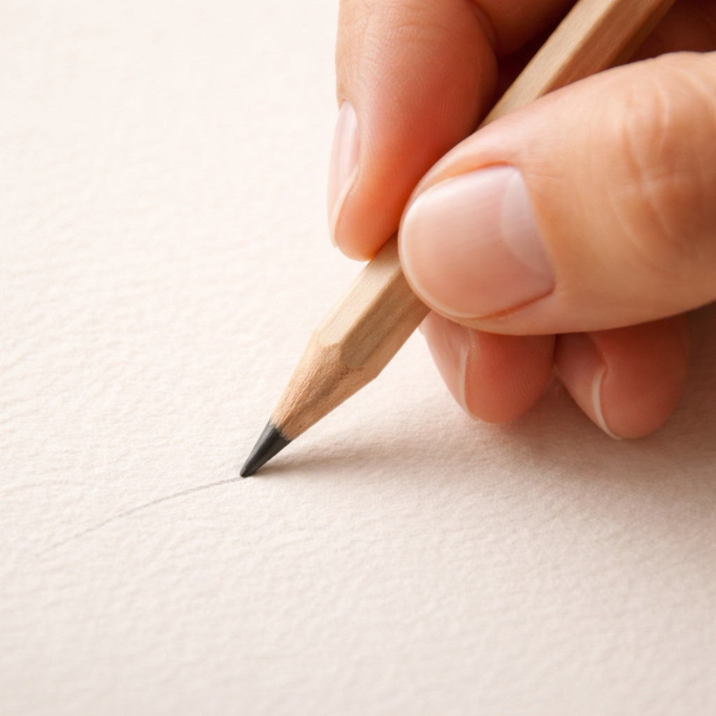 A realistic close‑up of a hand holding a wooden pencil, showing the tip and a faint line on textured paper. Alt: hand holding pencil for light‑touch drawing