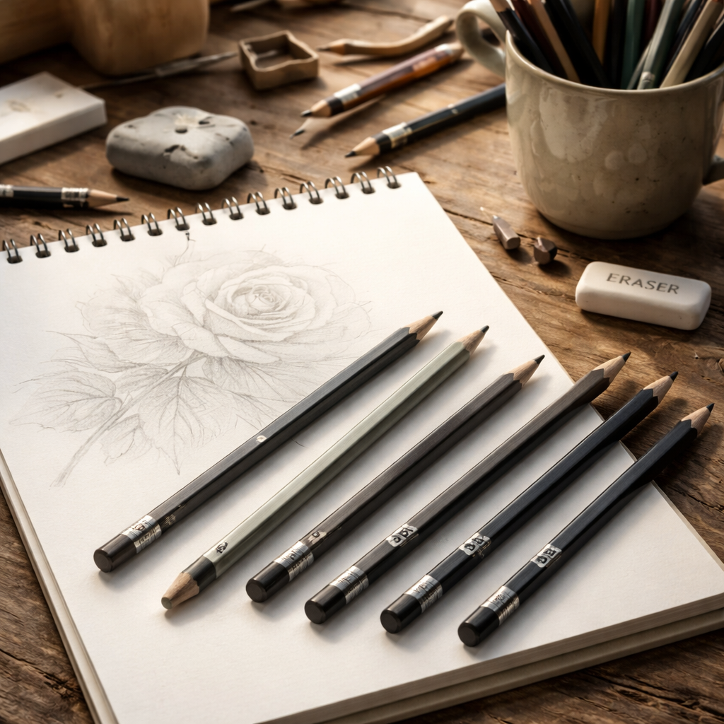 A realistic scene of an artist’s workspace with pencils, erasers, and a sketchbook, highlighting the variety of grades used for light‑touch drawing. Alt: artist workspace showing pencil selection for gentle sketches
