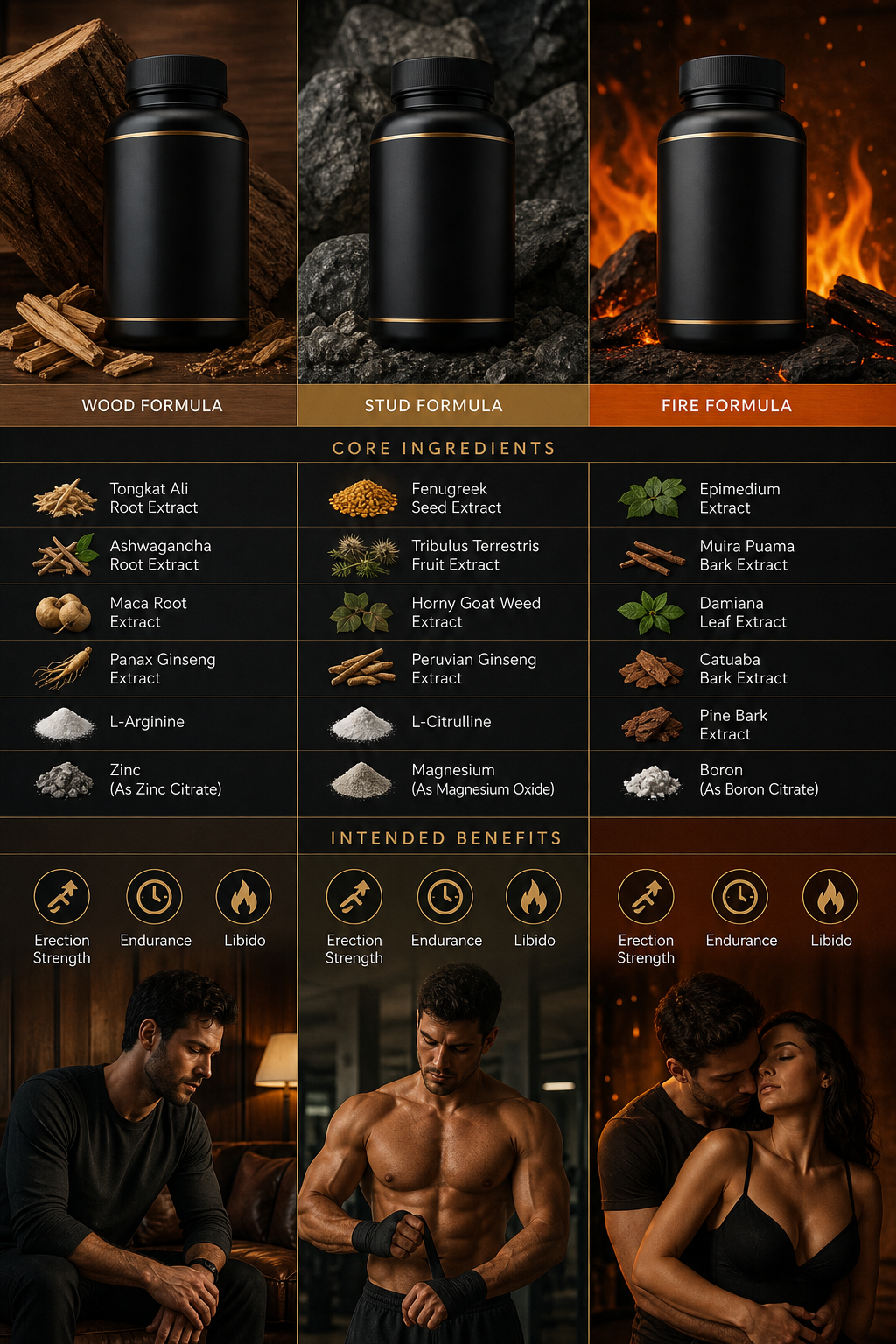A detailed infographic style illustration comparing the core ingredients and intended benefits of Clubhouse Wood, Stud, and Fire formulas, with icons for erection strength, endurance, and libido. Alt: comparison of Clubhouse supplement formulas