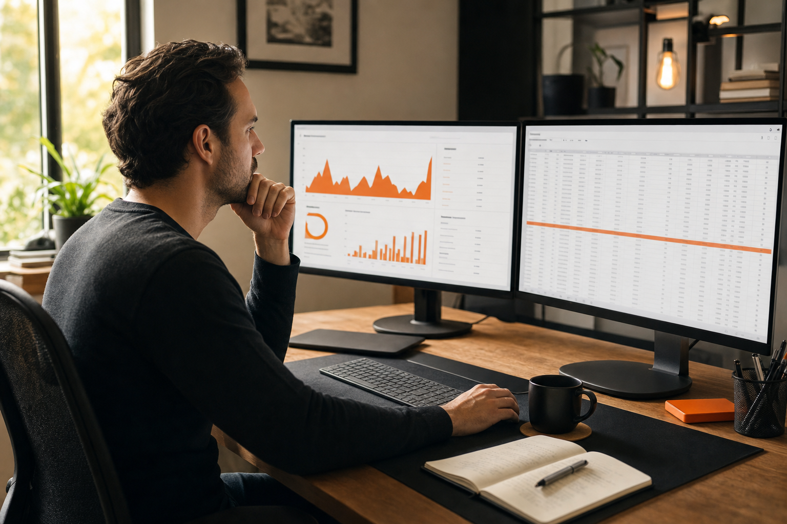 Cinematic scene of a SaaS founder sitting at a minimal desk with two monitors, one showing a podcast analytics dashboard with episode download charts in warm orange tones, the other showing a spreadsheet of audience data. Natural window light, focused and intentional atmosphere. Alt: SaaS podcast host reviewing audience download metrics before approaching sponsors.