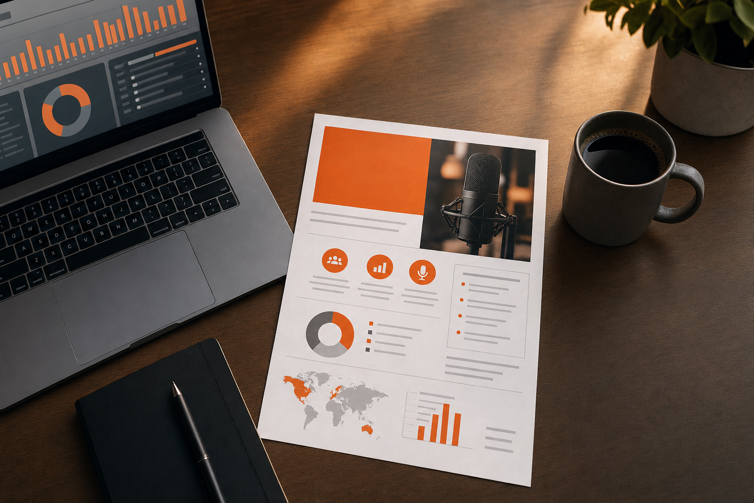 Cinematic flat-lay of a printed one-page podcast media kit on a clean wooden desk, surrounded by a laptop showing audience analytics and a coffee mug. Warm orange accent lighting. Professional, founder-ready atmosphere. Alt: SaaS podcast media kit laid out on a desk ready to send to sponsors.