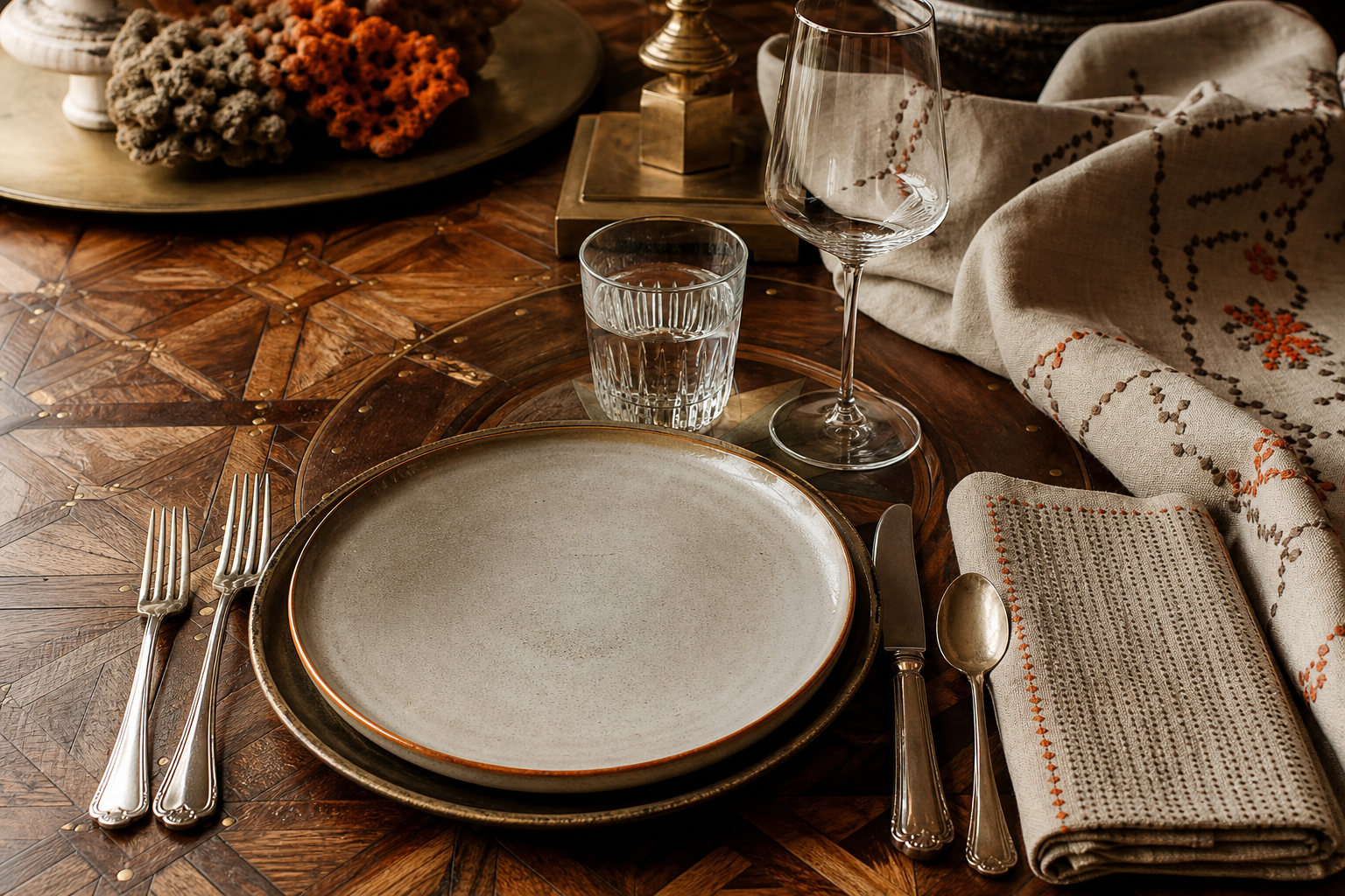 dinner table flatware glassware and napkin arrangement.