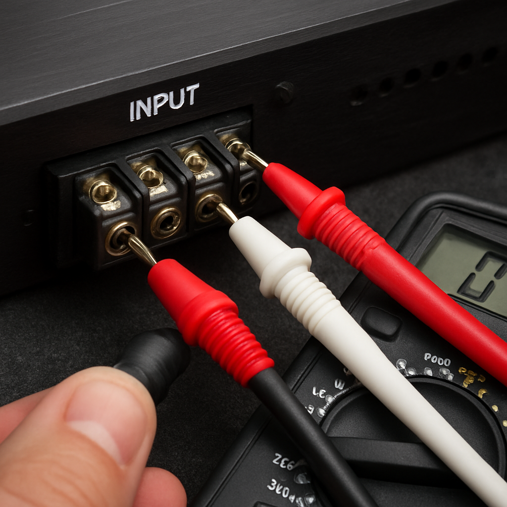 A close‑up of a car audio amplifier’s input terminals and RCA cables, showing a multimeter probe measuring voltage. Alt: 