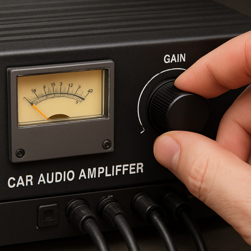 A car audio amp with a gain knob and meter, showing fine‑tuning process. Alt: fine‑tune amplifier gain for clean bass