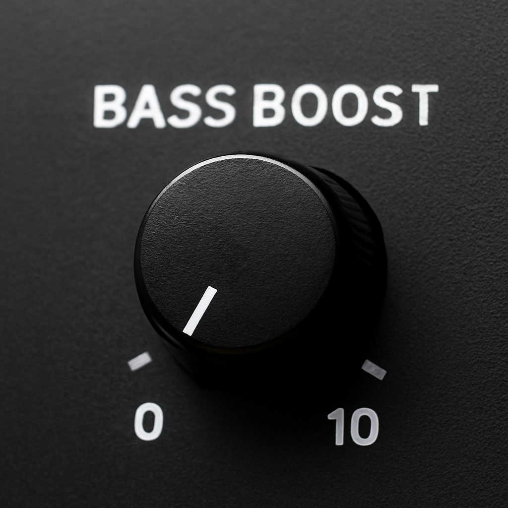 A descriptive prompt for an AI image generator, related to the surrounding text. Alt: Bass boost knob on car amplifier close-up showing a small dial.