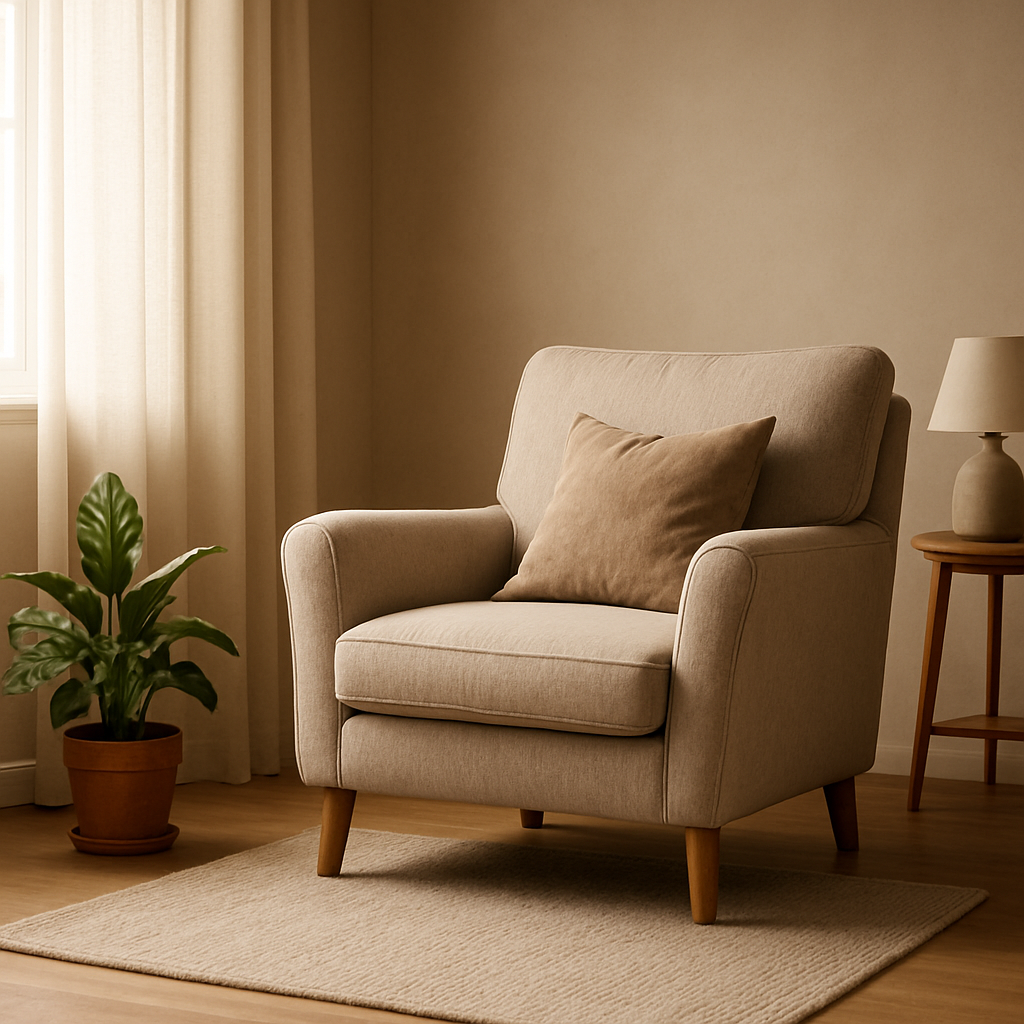 A calm living room with a cozy chair and a small plant, illustrating a peaceful space for setting boundaries. Alt: Calm living room setting