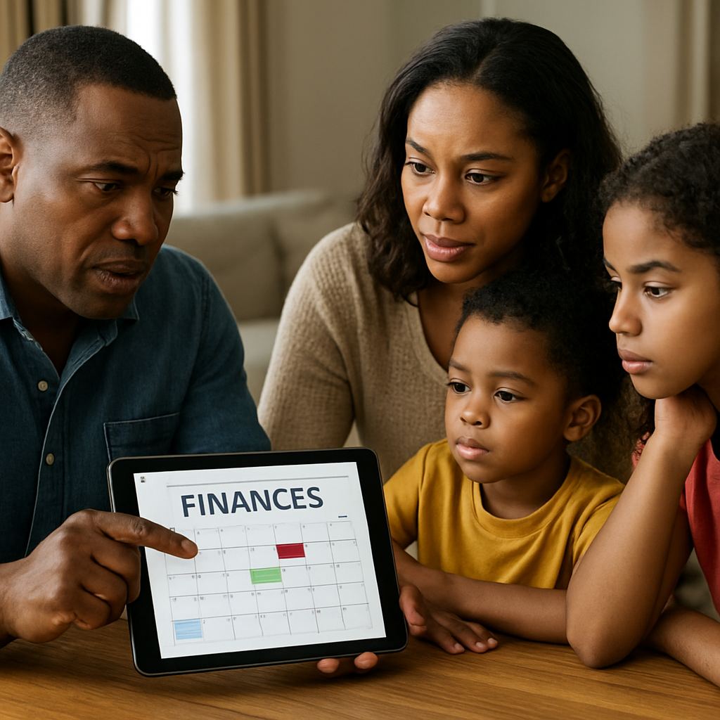 A family gathered around a digital calendar on a tablet, discussing finances. Alt: A supportive family setting using a calendar app for boundary management.
