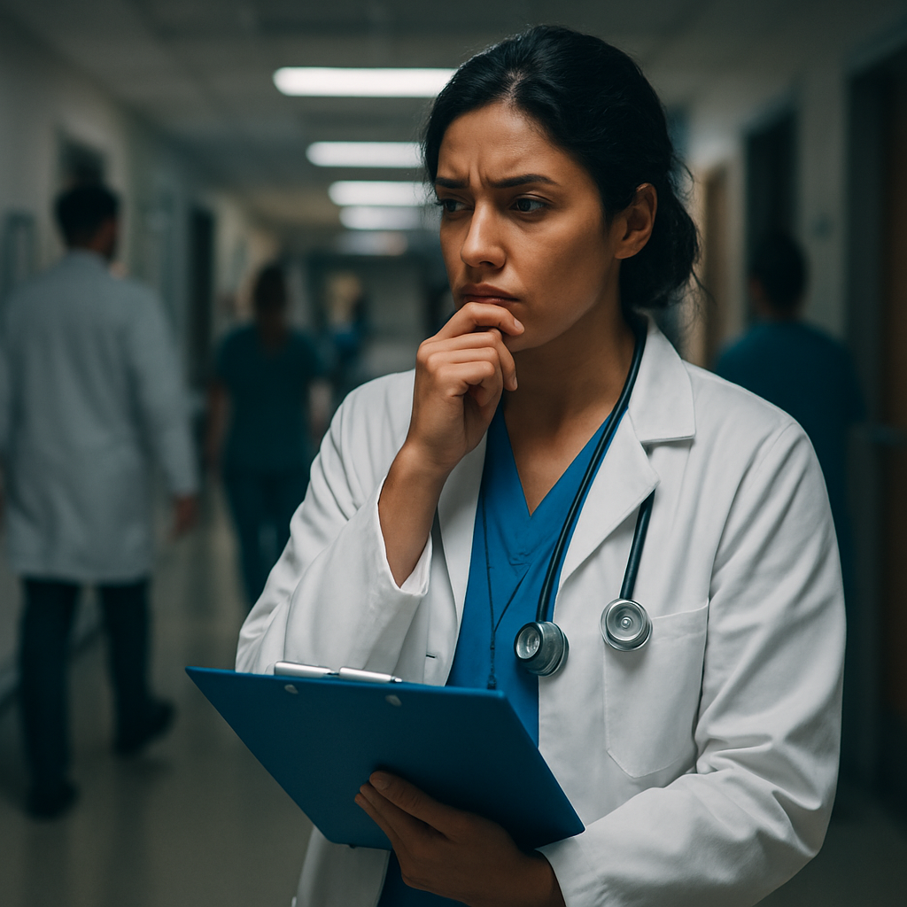 A busy hospital corridor with a clinician holding a clipboard, looking thoughtful about setting personal boundaries. Alt: Clinician identifying personal limits in a hospital setting.
