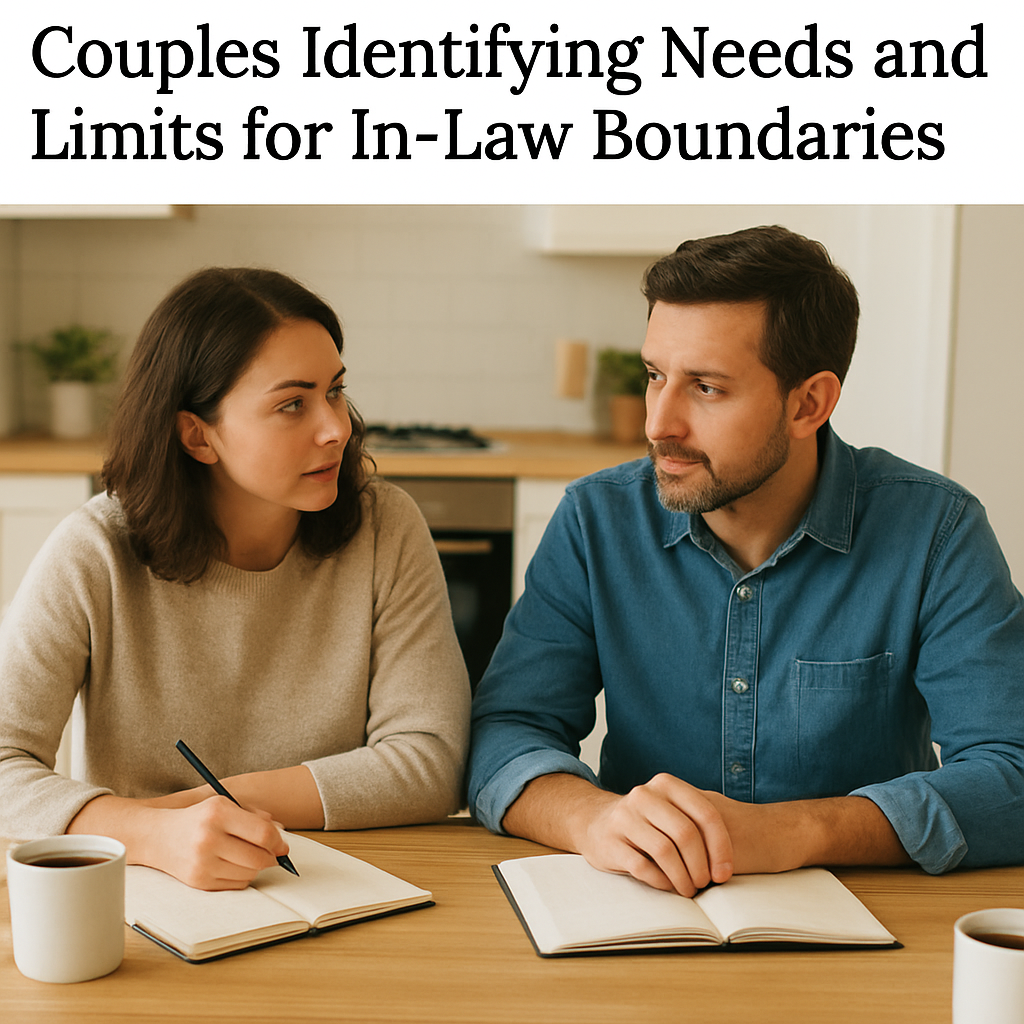 A calm couple sitting at a kitchen table with notebooks, coffee mugs, and a pen, discussing boundaries. Alt: Couples identifying needs and limits for in‑law boundaries.