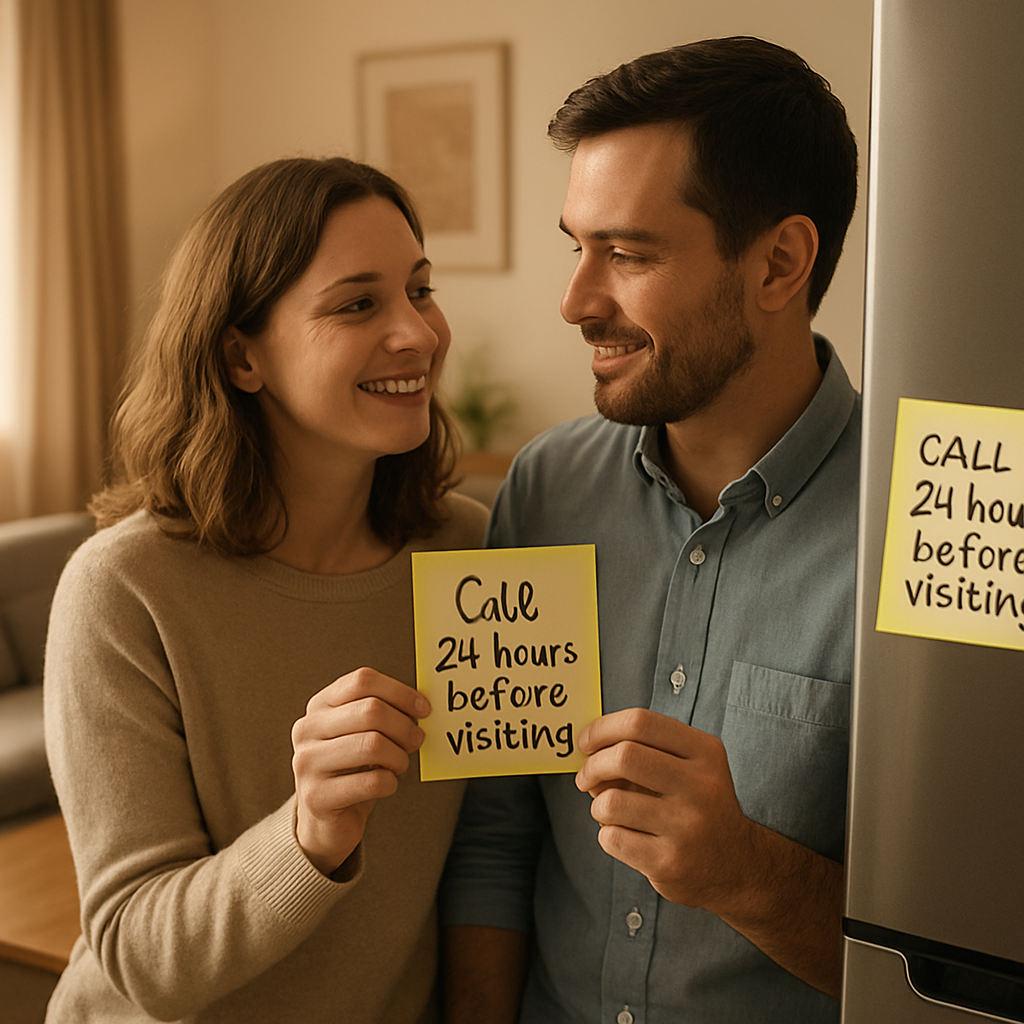 A cozy living room with a couple holding a sticky note that reads “Call 24 hours before visiting” on the fridge. Alt: Couple establishing consistent boundaries with in-laws using visual reminders and weekly check‑ins.