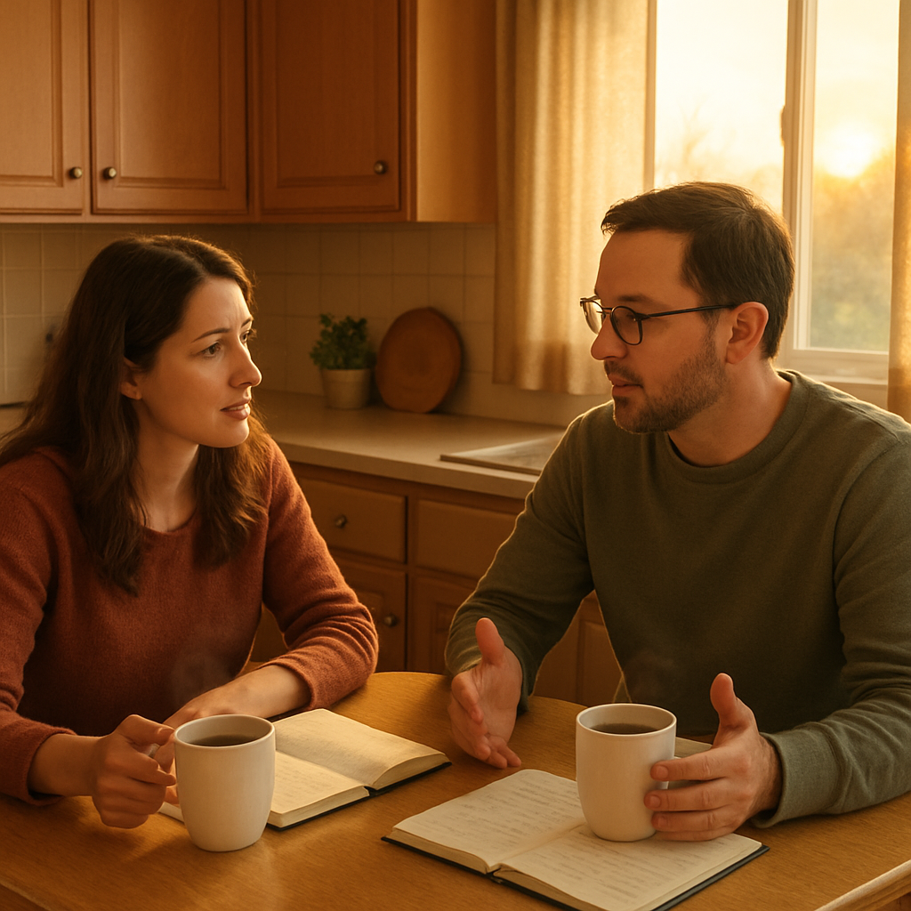 A warm kitchen scene with a couple sitting at a small table, coffee mugs steaming, notebooks open, and a gentle sunrise light through the window. Alt: Couple having an honest conversation about family boundaries