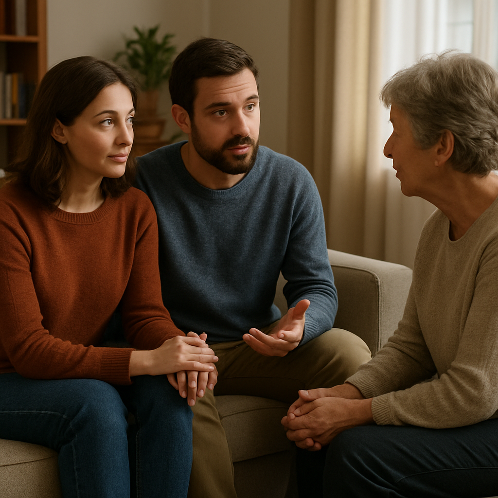 A cozy living room scene where a couple sits on a couch, holding hands, speaking calmly to an older family member who is listening attentively. Alt: Couple communicating boundaries respectfully with in-laws in a warm setting