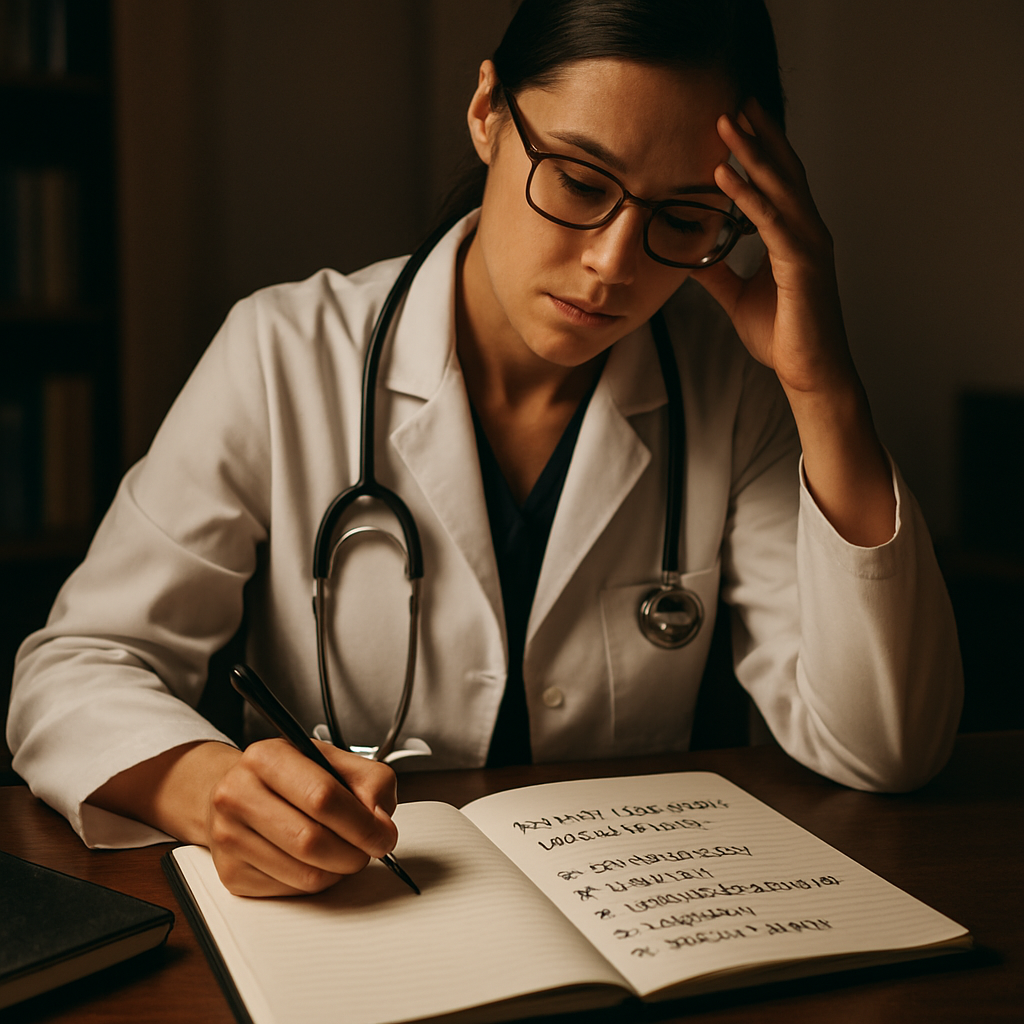 A clinician sitting at a desk with a notebook open, reviewing a list of patient request categories. Alt: clinician assessing professional limits and workload boundaries.