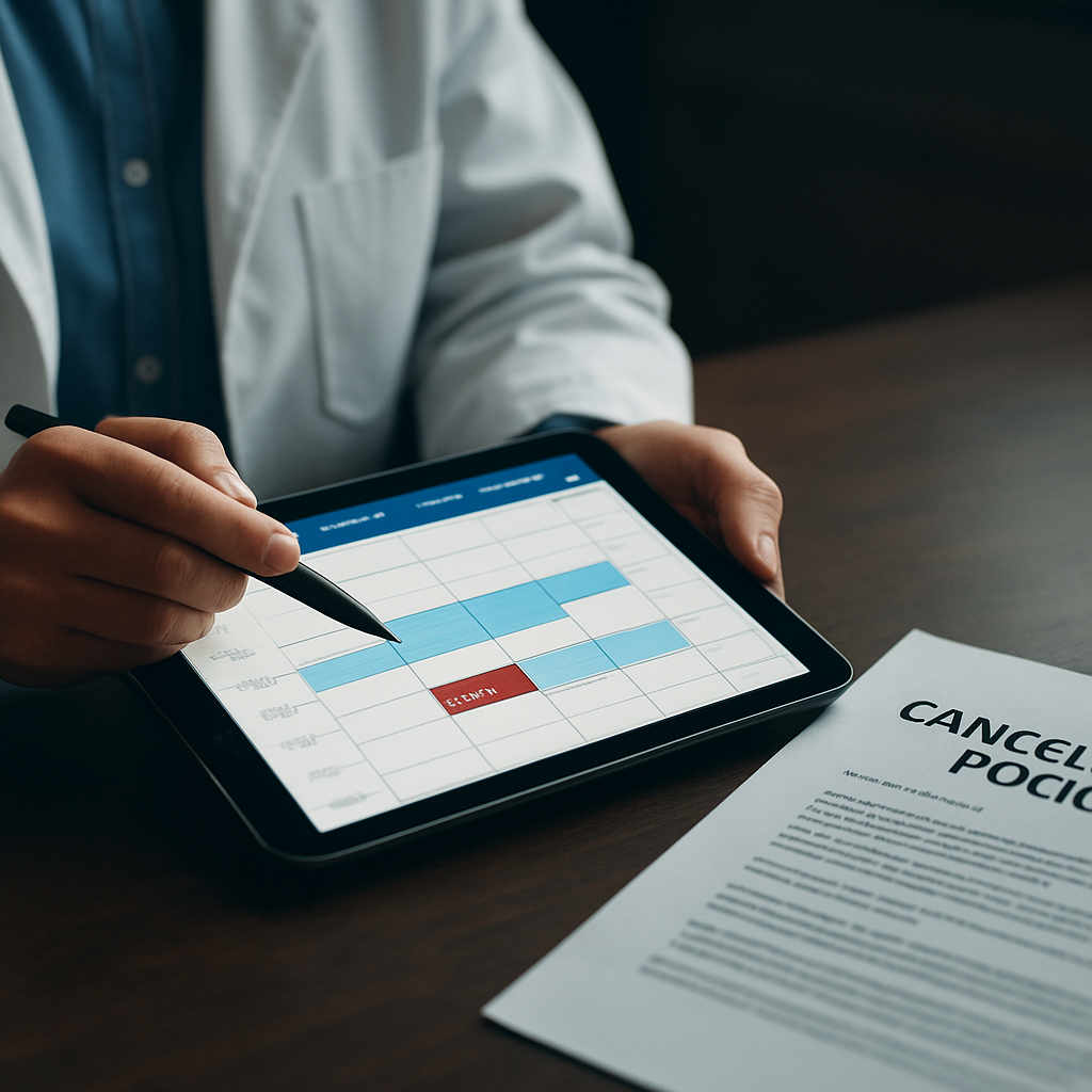 A clinician reviewing a digital appointment calendar on a tablet, with a visible cancellation policy document beside it. Alt: clinician setting clear appointment policies to protect time and reduce burnout.