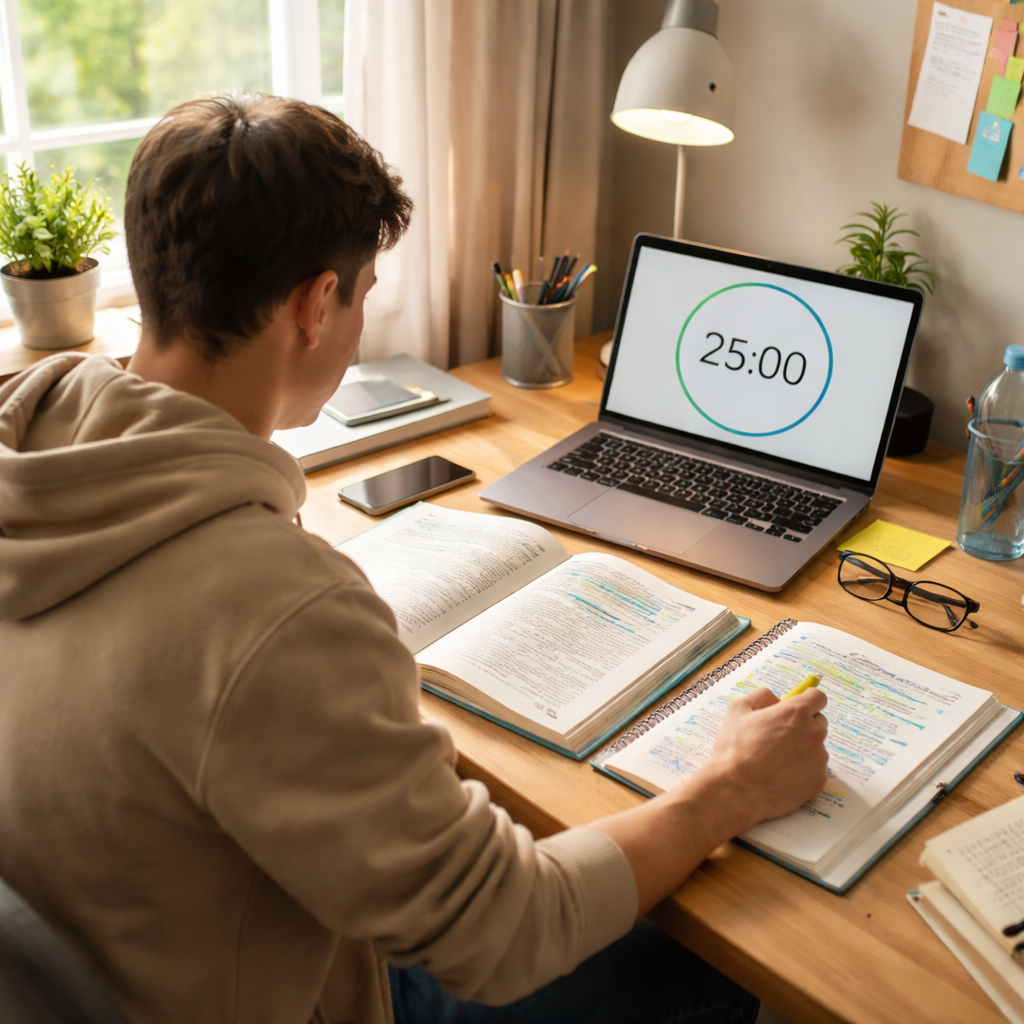 A photorealistic scene of a college student sitting at a tidy desk, timer on the laptop screen showing 25:00, open textbook, notebook with highlighted sections, soft natural light from a window, realistic style. Alt: Student using Pomodoro technique to set study session length for college studying.