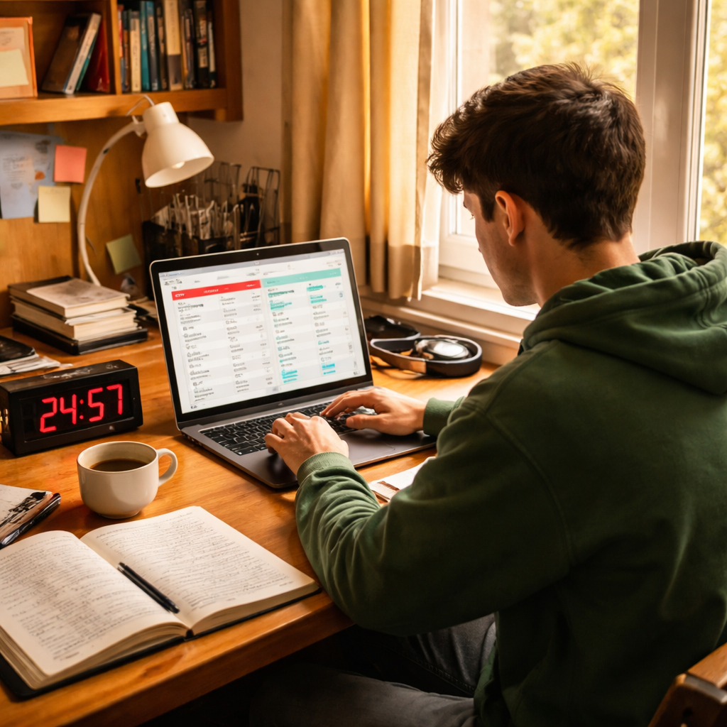 A photorealistic scene of a college student in a dorm room mapping pomodoro intervals on a laptop, timer ticking, notebook open with notes, and a coffee mug on the desk, morning light streaming through the window. Alt: college student planning pomodoro interval adjustments for effective studying in a US college dorm.
