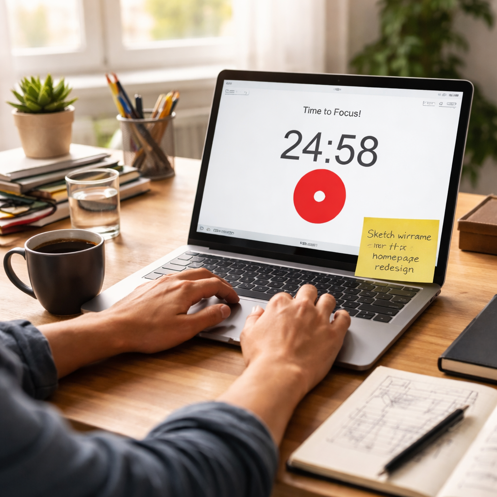 A photorealistic scene of a person at a desk with a laptop open to a Pomodoro timer, a handwritten sticky note that reads “Sketch wireframe for homepage redesign,” natural daylight streaming in, realistic style. Alt: How to set realistic session goals with a focused workspace.