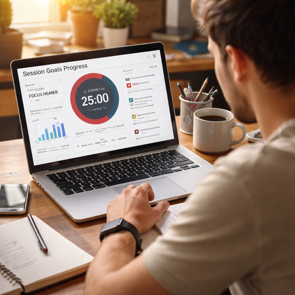 A photorealistic scene of a student, remote worker, freelancer, and busy professional reviewing a progress dashboard on a laptop, with a Focus Keeper timer visible on the screen. Alt: How to set realistic session goals progress tracking illustration.