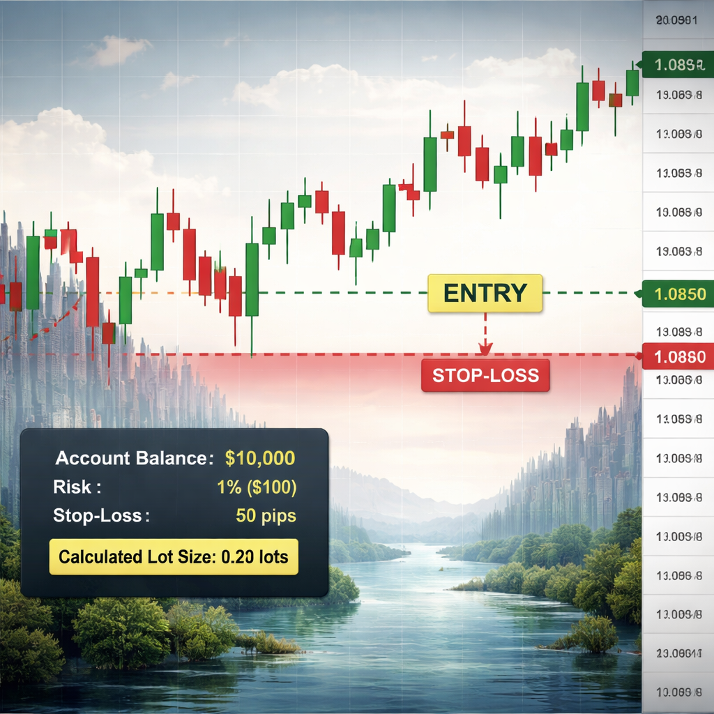 A realistic chart showing a forex trade with entry point, stop‑loss line, and calculated lot size label. Alt: forex trade risk calculation illustration