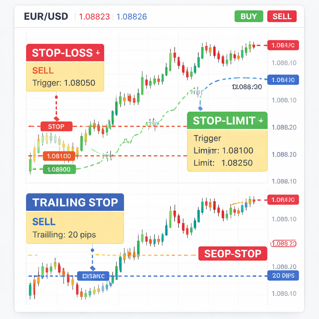 A realistic diagram of a forex platform screen showing a stop‑loss order, a stop‑limit order, and a trailing stop line. Alt: forex order types illustration