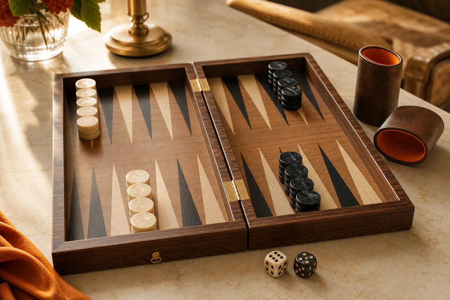 standard backgammon checker setup with 15 checkers per player.
