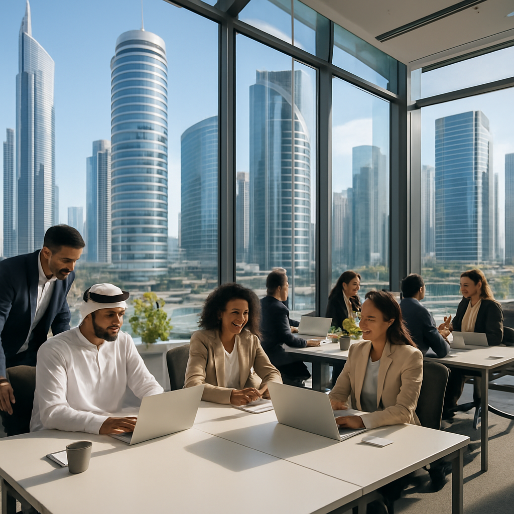 A modern Dubai free zone office hub with sleek glass buildings, coworking desks, and a bustling multicultural team. Alt: Choosing the right free zone for your Dubai business provides a vibrant, supportive environment.