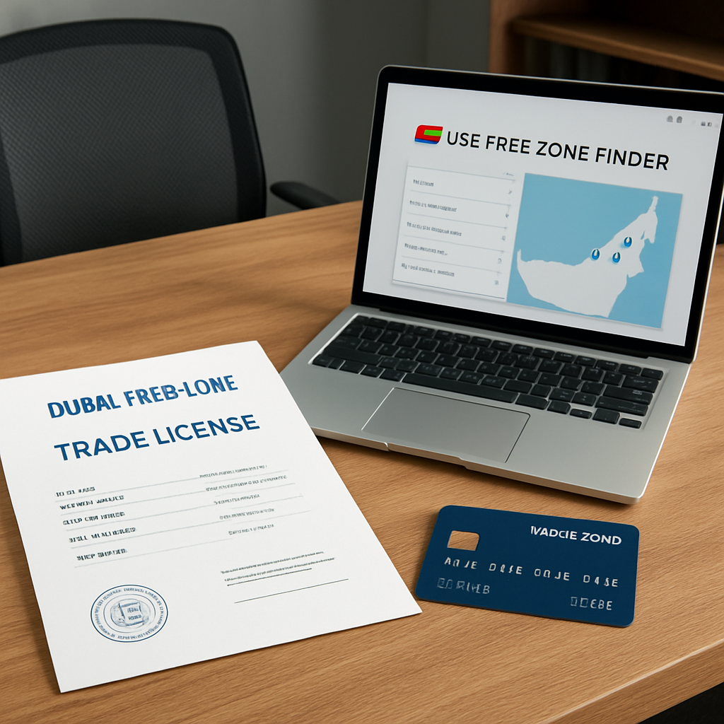 A modern office desk with a Dubai free zone trade licence document, a freshly issued bank card, and a laptop displaying the UAE Free Zone Finder dashboard. Alt: Business license and bank account setup in Dubai free zone