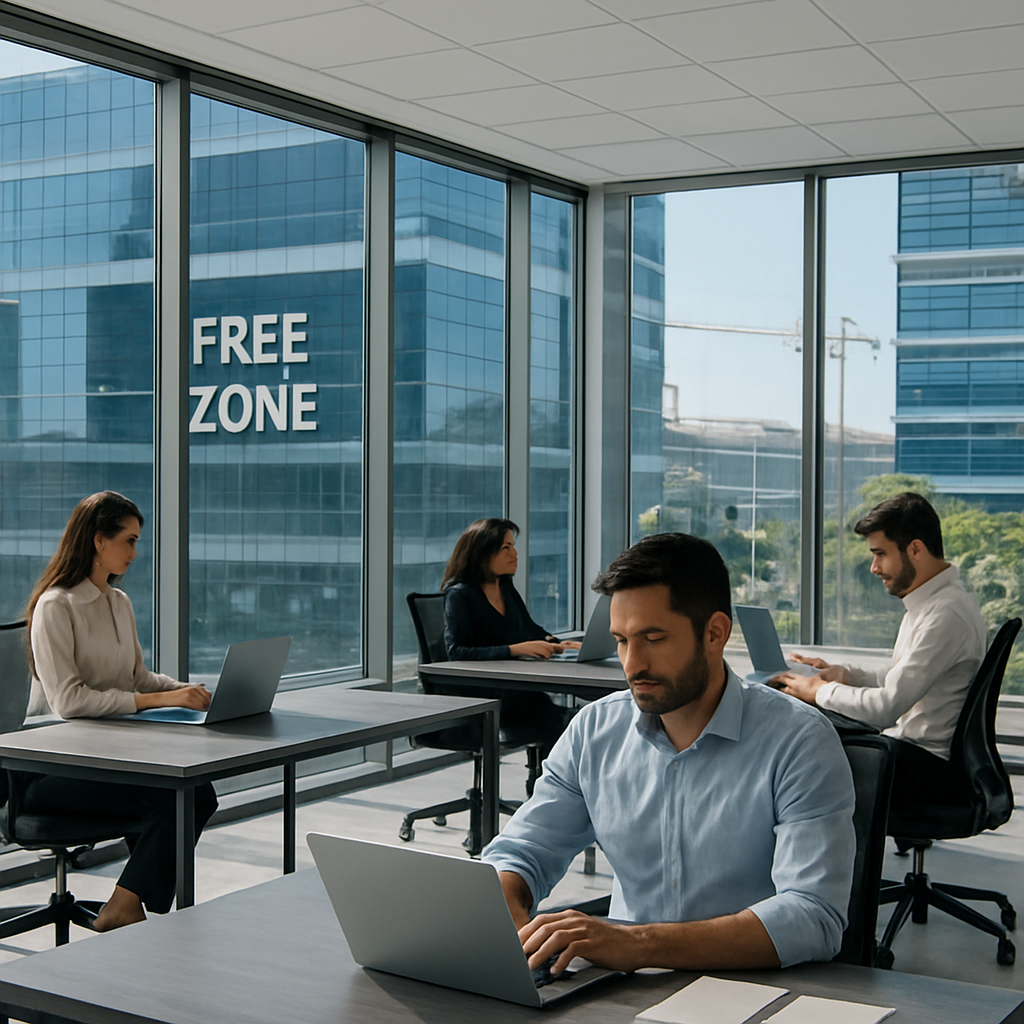 A modern free‑zone office building with glass facades and entrepreneurs working at laptops. Alt: Free zone office space in UAE for startups