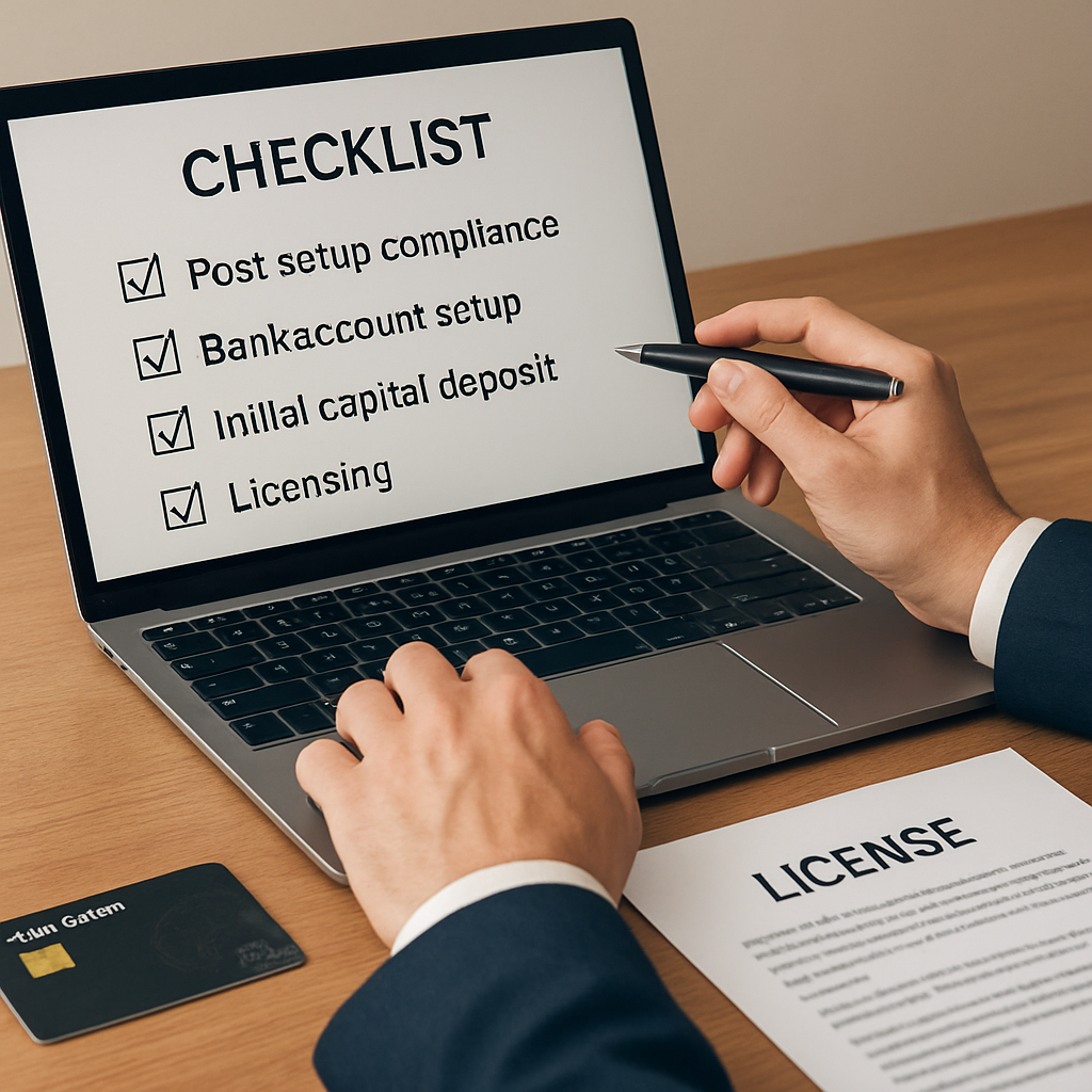 A business owner reviewing a checklist on a laptop, with a UAE bank card and licence document visible on the desk. Alt: Post‑setup compliance and banking checklist for UAE free‑zone companies