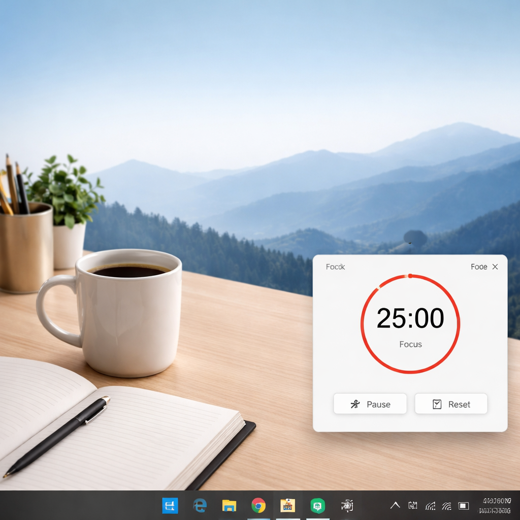 A clean, modern Windows desktop showing a small Pomodoro timer overlay in the corner, with a coffee mug and a notebook beside it. Alt: Pomodoro timer windows screenshot with productivity setup