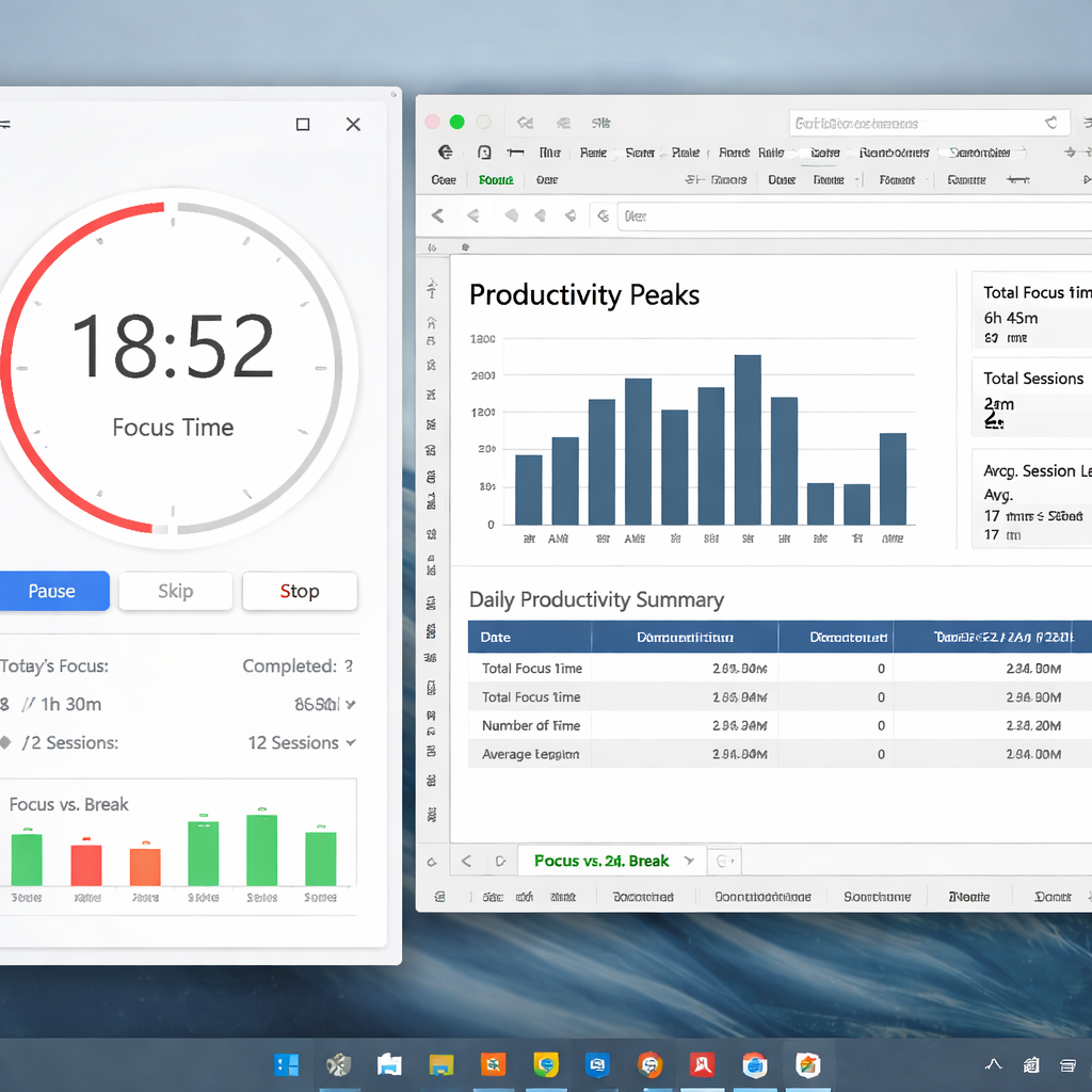 A clean desktop screenshot showing a pomodoro timer windows dashboard alongside an Excel pivot table highlighting productivity peaks. Alt: Pomodoro timer Windows progress tracking and analytics view with data visualisation.
