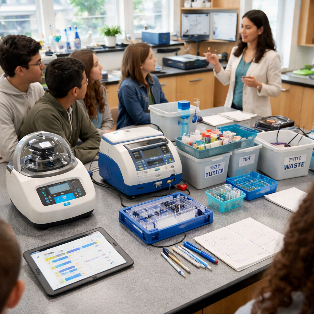 A photorealistic classroom genomics lab setup on a budget, showing a neat bench with a microcentrifuge, a small bench-top gel system, a basic PCR setup, and labeled bins; students glance at a digital planner on a shared tablet as the teacher explains. Alt: budget-friendly genomics classroom bench with essential tools and engaged students