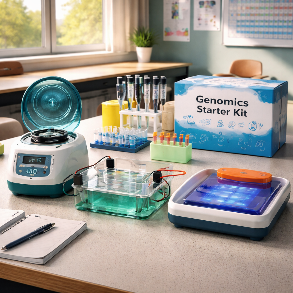 A photorealistic scene of a high‑school lab bench with a compact microcentrifuge, acrylic gel electrophoresis tank, LED transilluminator, and a labeled starter kit box, all arranged neatly on a single bench, sunlight streaming in through a classroom window, realistic lighting and textures. Alt: Realistic image of a budget‑friendly genomics lab setup for a school classroom.