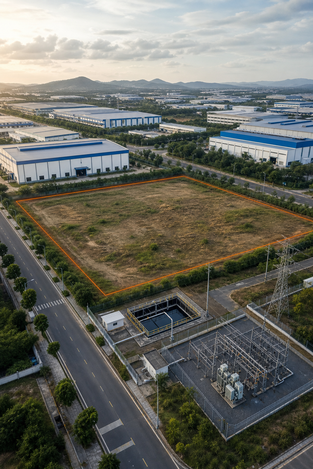 A realistic aerial view of an industrial park with a clear plot marked for a new wire and cable factory, showing surrounding roads and utilities, Realism style