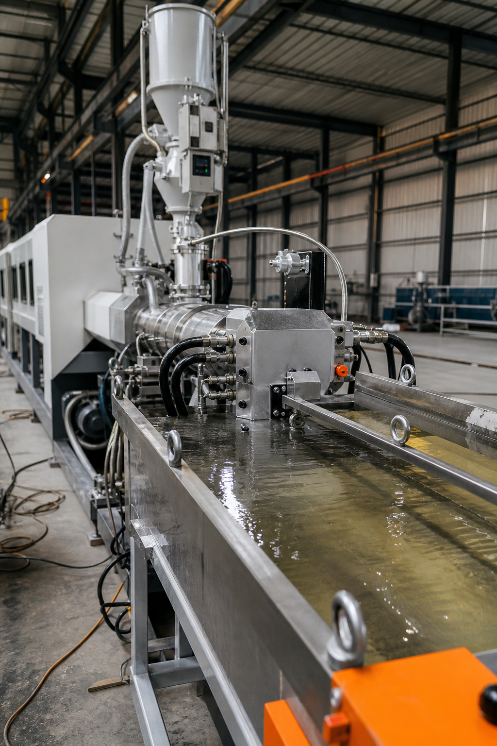 A realistic photo of a cable extrusion line under installation, showing extruder, crosshead, cooling trough and haul‑off, Realism style