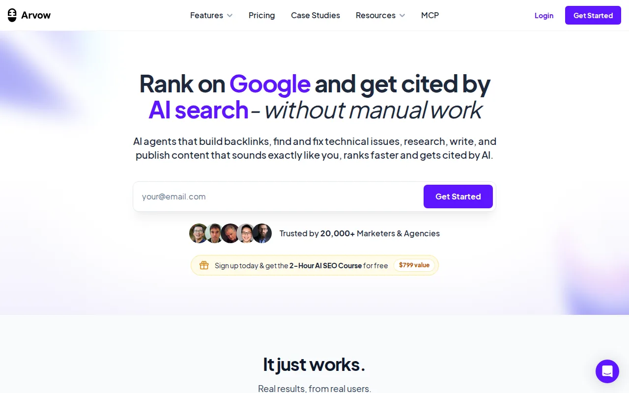 Screenshot of the Arvow website