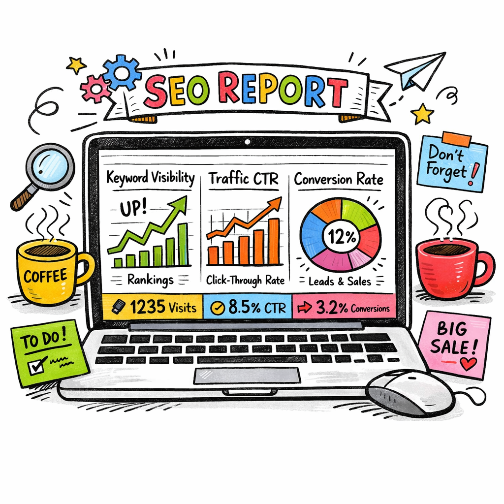 A doodle illustration of a laptop screen showing an automated SEO reporting dashboard with graphs for keyword visibility, traffic CTR, and conversion rate, surrounded by coffee cups and sticky notes, playful style, bright colours, appealing to digital marketers and e‑commerce owners.