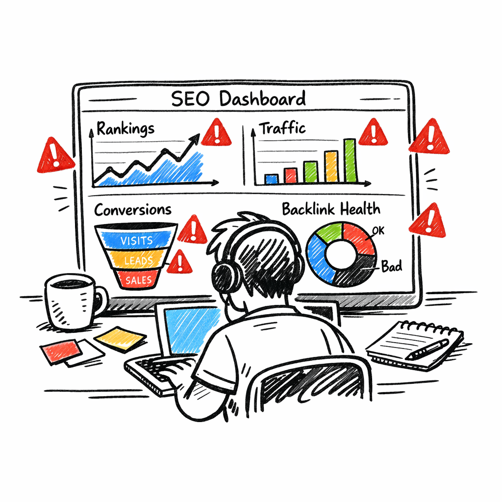 A doodle illustration of a marketer sitting at a laptop, looking at a colorful custom SEO dashboard with line charts for rankings, bar graphs for traffic, a funnel for conversions, and a donut chart for backlink health. The screen shows alert icons popping up in red. The scene feels casual and friendly, appealing to digital‑marketing managers and e‑commerce owners. Alt: Custom SEO dashboard visualizing key metrics.