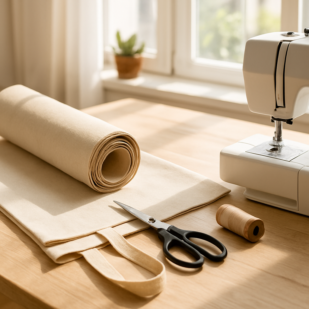 A bright, well‑lit workspace with a rolled piece of canvas fabric, scissors, thread spool, and a sewing machine ready for a tote bag project. Alt: Materials overview for how to sew a tote bag for beginners.