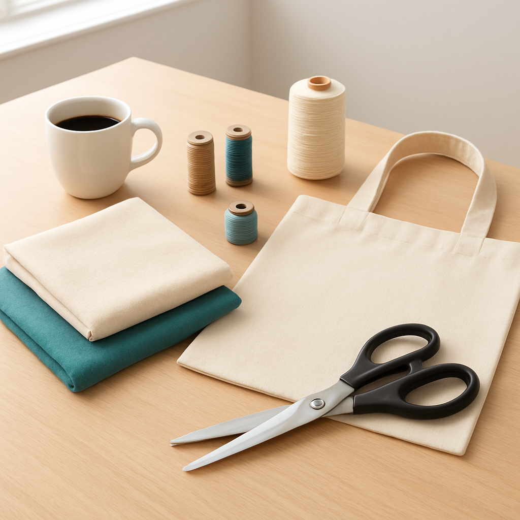 A bright, well‑lit craft table with neatly arranged tote‑making supplies – fabric pieces, scissors, thread spools, and a coffee mug. Alt: How to gather materials for sewing a tote bag for beginners.