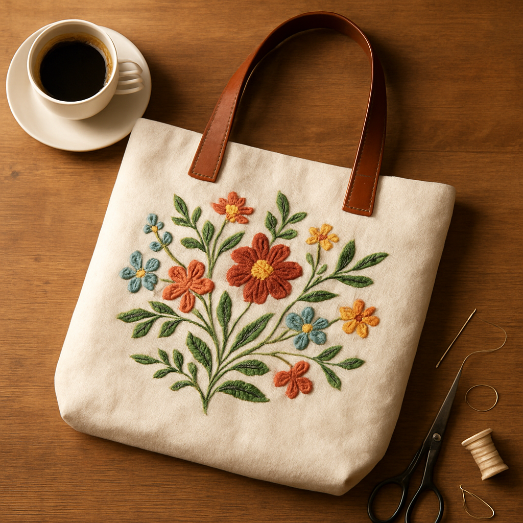 A stylish, hand‑embroidered tote bag on a wooden table with coffee and sewing tools, showcasing embroidered floral motifs and a leather handle. Alt: Personalized tote bag with embroidery and leather handles for how to sew a tote bag for beginners.