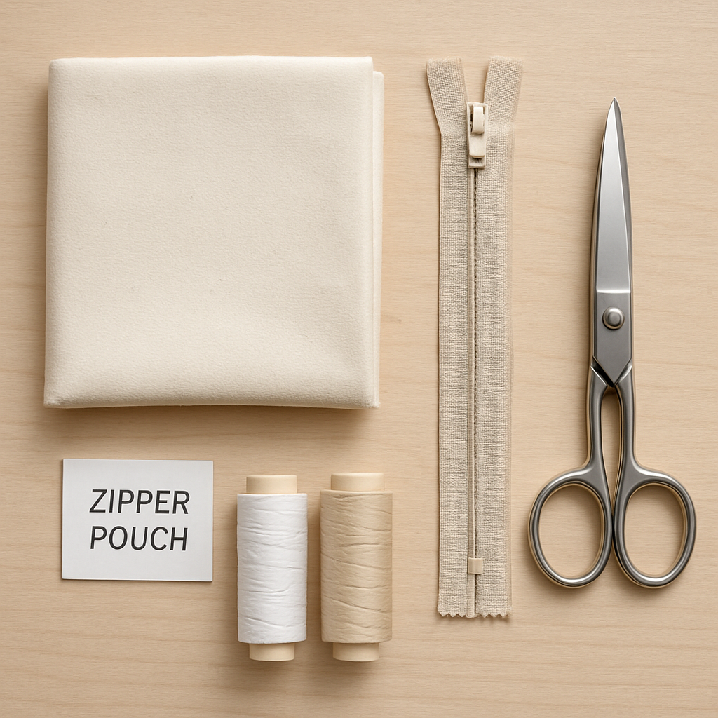 A bright, neatly arranged flat lay of cotton fabric, a separating zipper, scissors, thread spools, and a small printed label tag. Alt: Materials and tools for sewing a zipper pouch for beginners