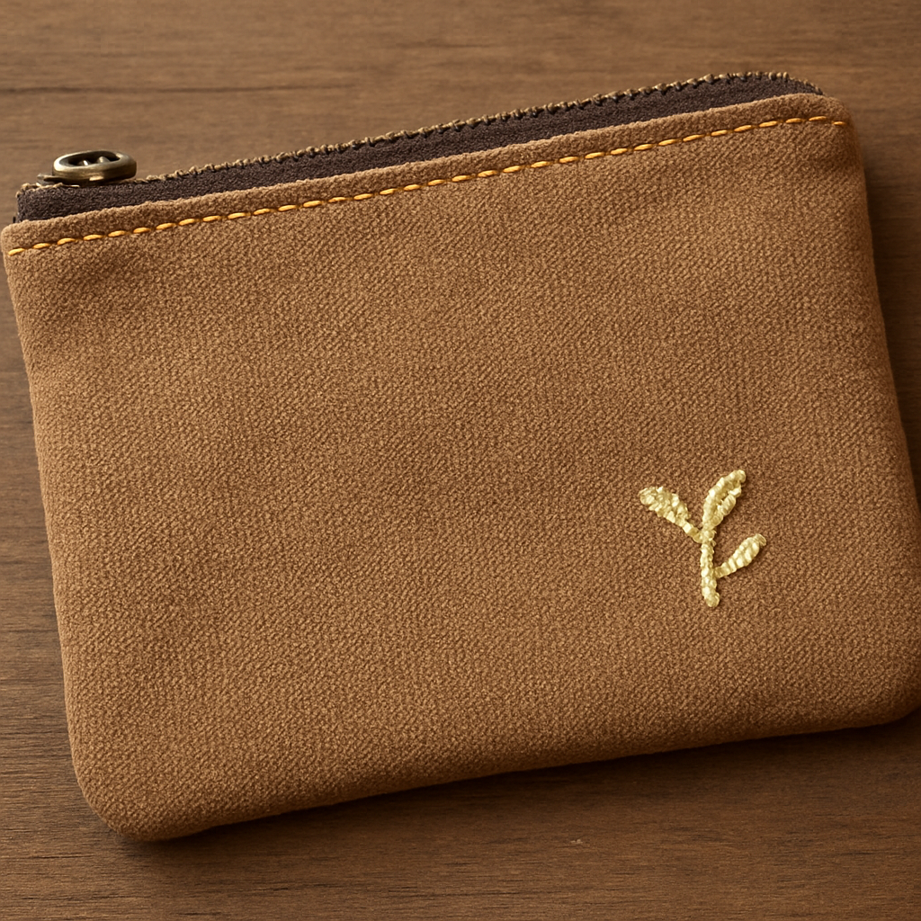 A close‑up of a finished zipper pouch with a contrasting top‑stitch and a small embroidered logo on the front. Alt: Finished zipper pouch with top‑stitch detail and custom embroidery.