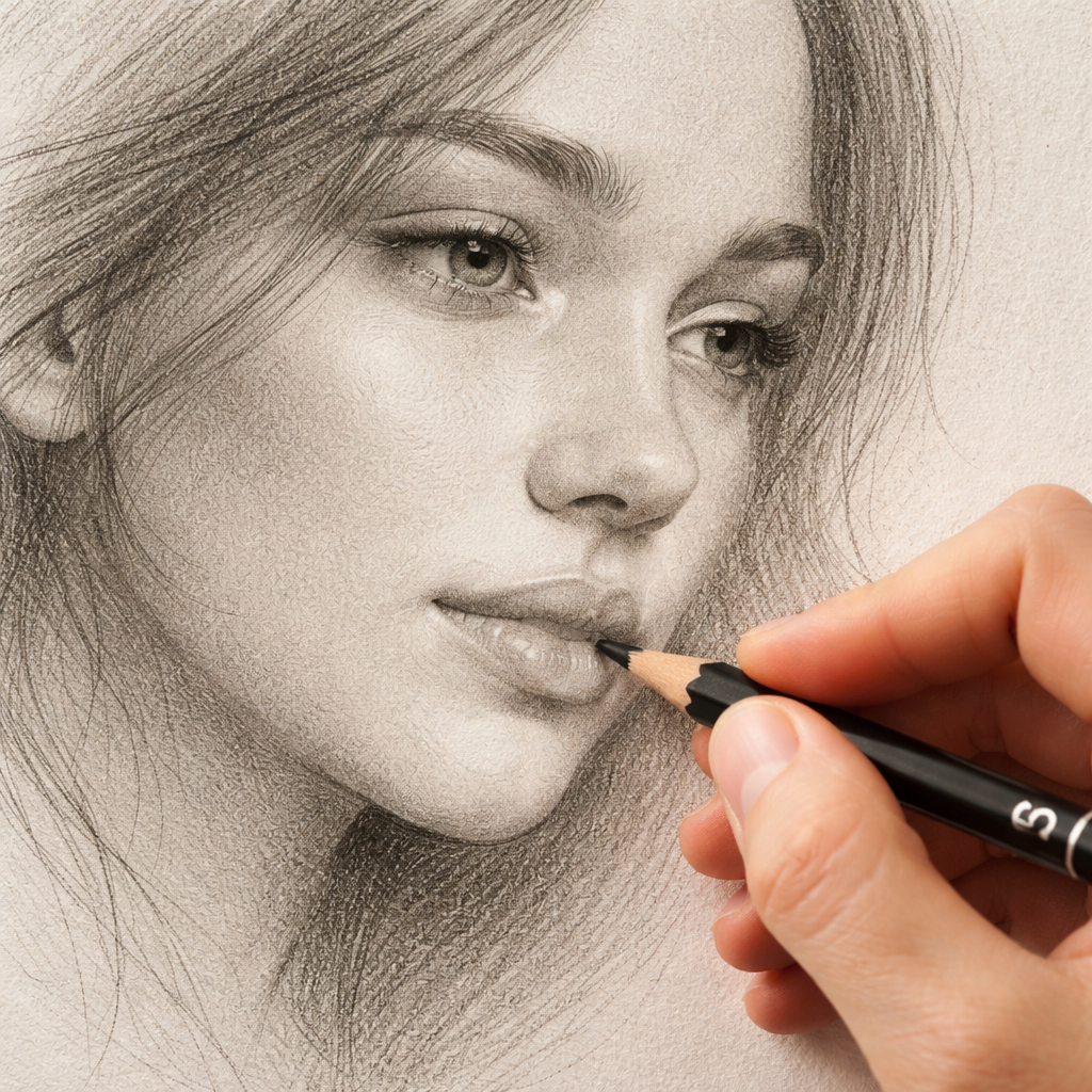 A photorealistic close‑up of a hand holding a 2B graphite pencil, gently shading the cheek of a portrait on textured drawing paper. The lighting highlights the smooth transition from light to medium tone, emphasizing the texture of the paper and the subtle graphite grain. Alt: How to shade skin tones with graphite pencils – choosing the right pencil.