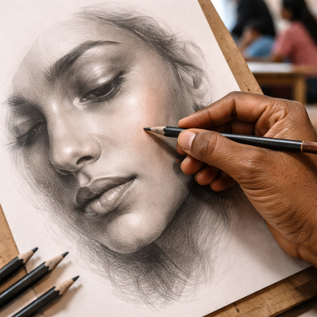 A Realism close-up of an Indian artist's hand shading skin tones with graphite pencils on textured Bristol paper in a classroom setting, showing layered grays and smooth transitions that mimic natural skin. Alt: Realistic graphite shading of skin tones for students in India.