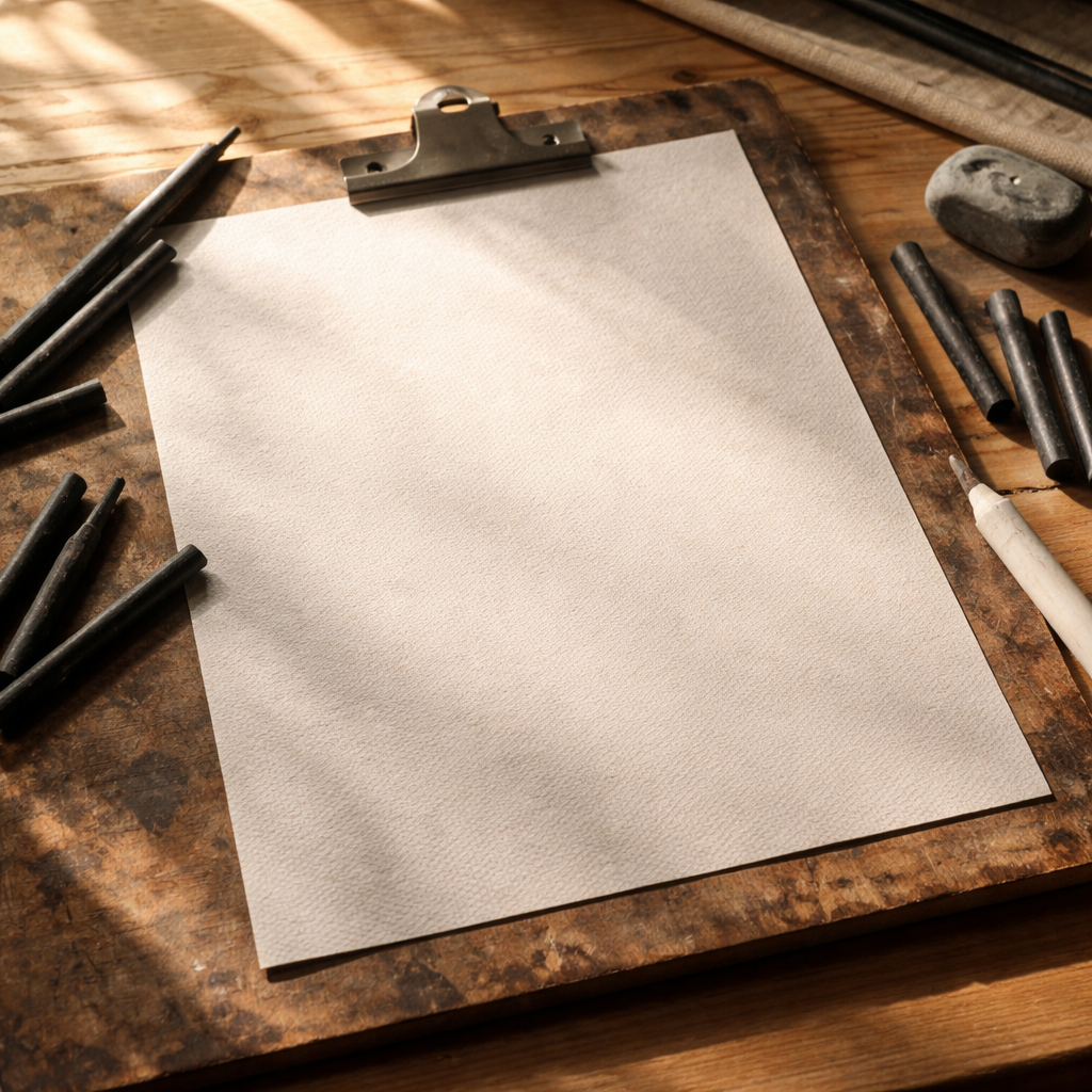 A photorealistic scene of an artist’s workstation featuring a textured charcoal paper on a wooden desk, vine and compressed charcoal sticks arranged alongside a kneaded eraser and a soft blending stump, natural daylight spilling over the setup, realistic style. Alt: Artist’s workspace for shading with charcoal