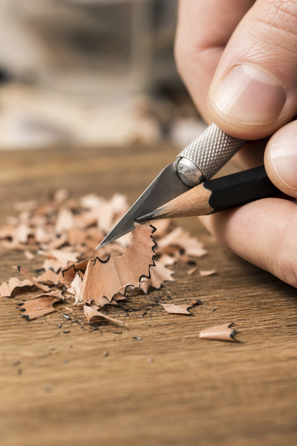 A photorealistic close-up of a hand holding a craft knife and a graphite pencil at a shallow angle, shaving thin wood curls onto a table. Alt: Sharpening a pencil with a knife to avoid breaking the lead.