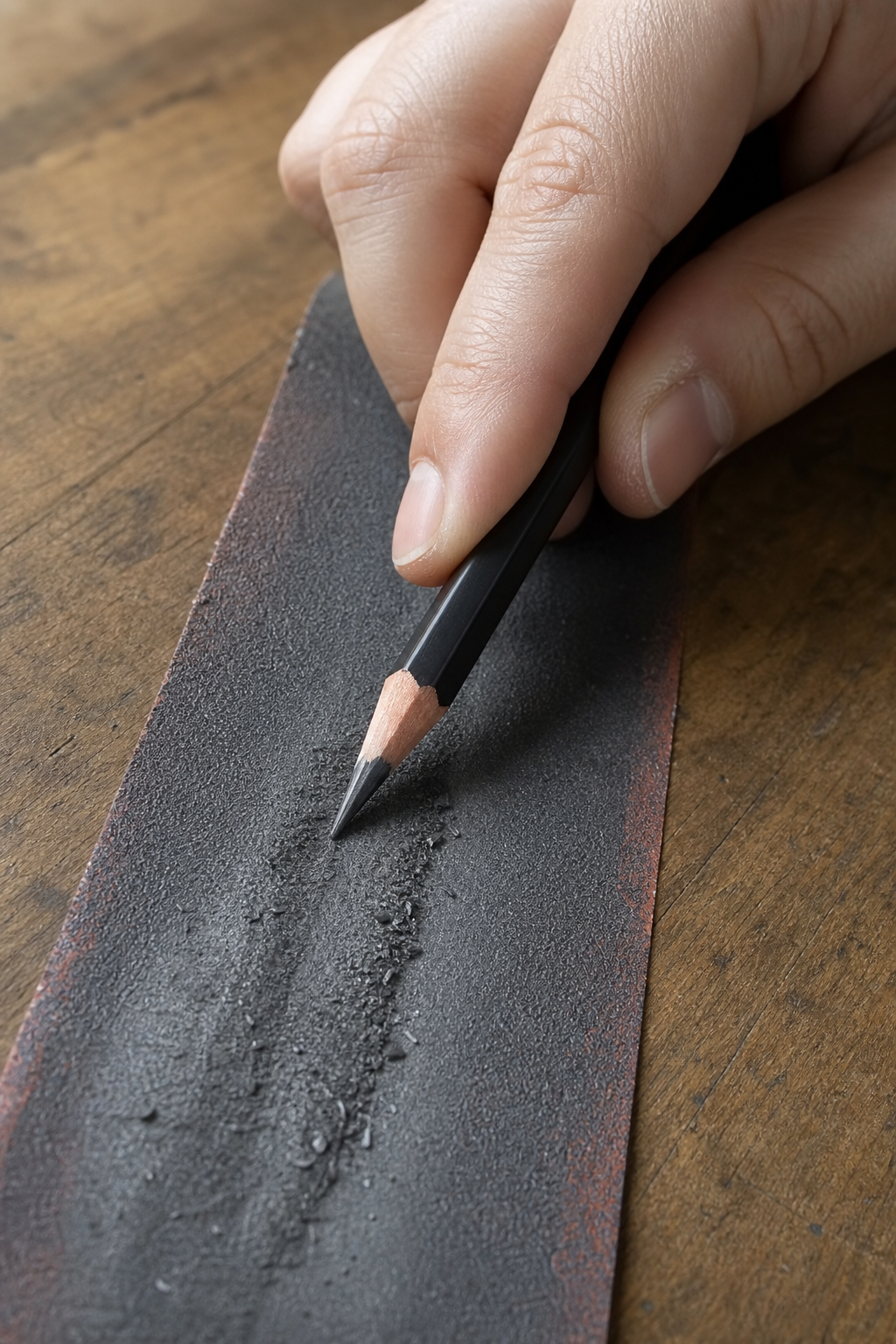 A photorealistic image of a hand rubbing a graphite pencil over coarse sandpaper on a wooden desk, graphite dust visible. Alt: Sharpening a pencil with sandpaper to avoid breaking the lead.