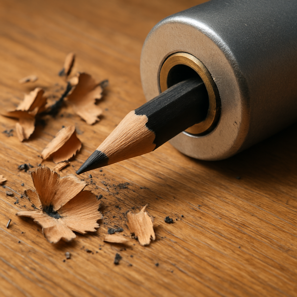 A close‑up of a charcoal pencil being sharpened with a rotary sharpener on a wooden desk, showing the wood shavings and a crisp charcoal tip. Alt: How to sharpen charcoal pencils with a rotary sharpener for clean lines.