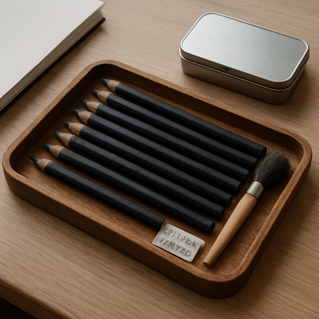 A neatly organized artist’s desk showing a wooden tray with charcoal pencils, a soft brush, a silica gel packet, and a metal tin for storage. Alt: Clean and properly stored charcoal pencils for optimal performance.